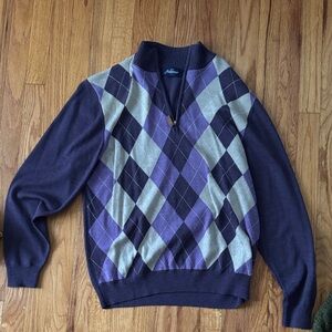 Alfani Men's Zip-Up Argyle Sweater - Purple and Gray
